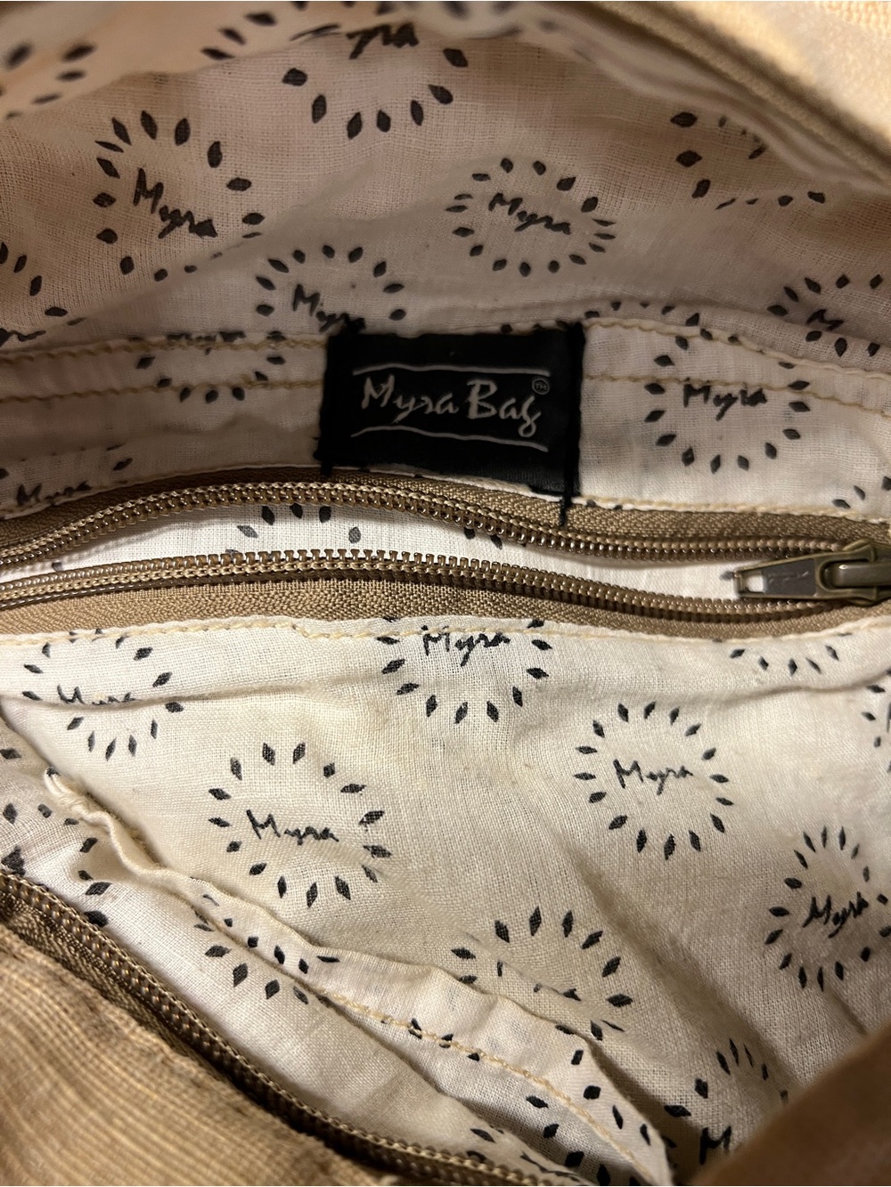 Myra Bag Beige Organic Upcycled Mkt Bag with Brown Leather Straps - Picture 7 of 11